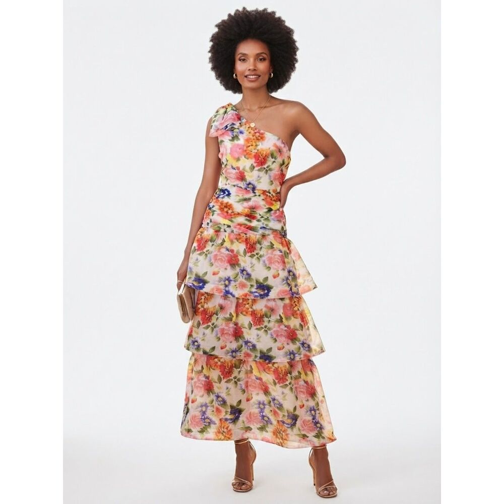 ASTR The Label Natali One Shoulder Tiered Maxi Dress White Coral Floral NWT S
